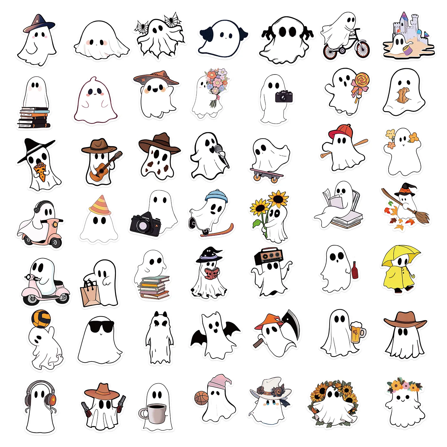 50pcs Cartoon Cute Halloween Ghost Stickers Kawaii Laptop Book Phone Suitcase Car Decoration Sticker Pack Decals Kids Girl Toy