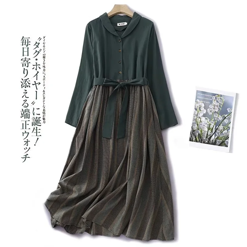 2025 Herfst Katoen En Linnen Jurk Vintage Single Breasted Vrouwen Losse Lange Mouwen Patchwork Jurk W790