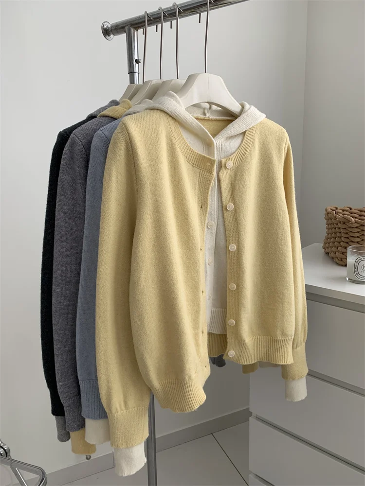 

Цветной вязаный кардиган с капюшоном, женский свободный крой, весна-осень, новый универсальный топ, длинный свек, круглый, на пуговицах