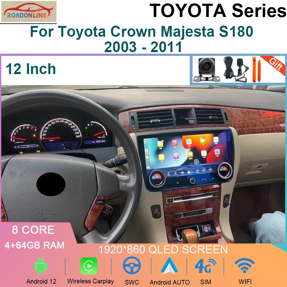 12 INCH Android 12 Car Radio For Toyota Crown Majesta S180 2003 - 2011 GPS Navi Car Multimedia Player Stereo Autoradio Screen