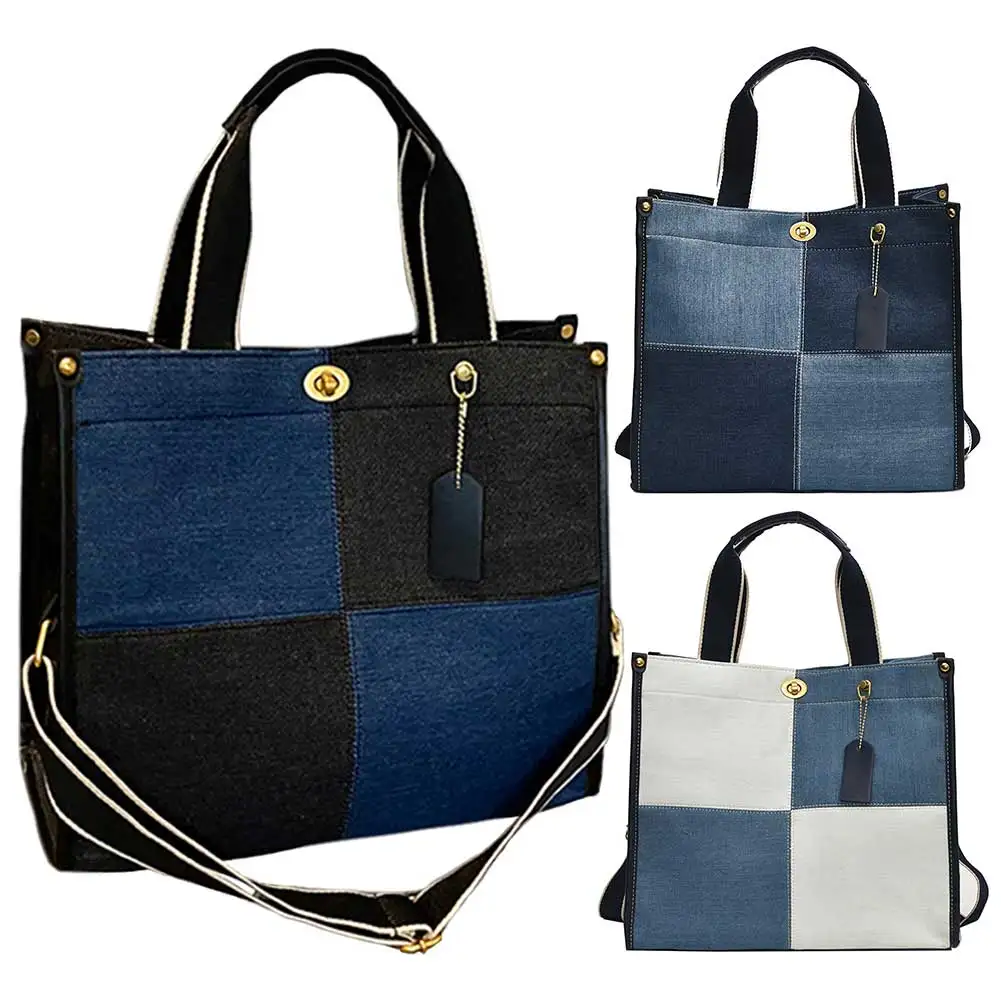 Bolsa jeans crossbody retrô para mulheres, bolsa de grande capacidade casual, alça ajustável, bolsa xadrez, bolsa feminina para encontros diários