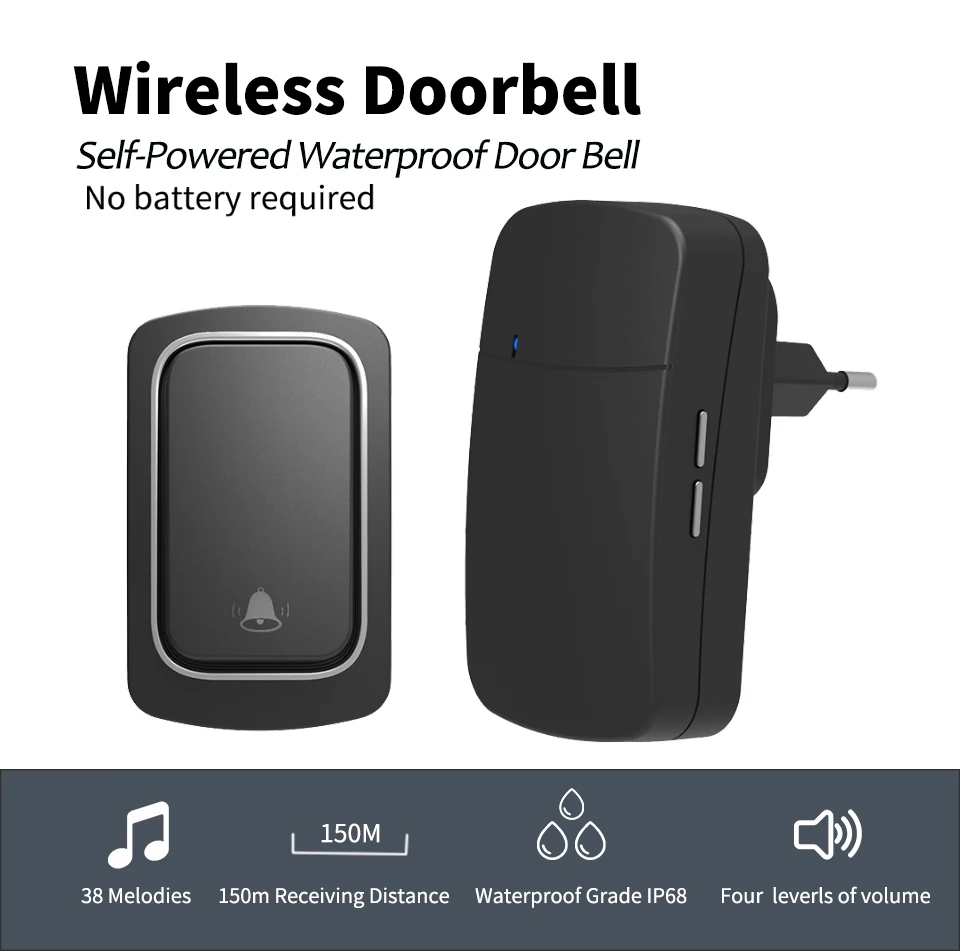 Wireless Doorbell No Battery required Waterproof Self-Powered Door bell Sets Home Outdoor Kinetic Ring Chime Doorbell