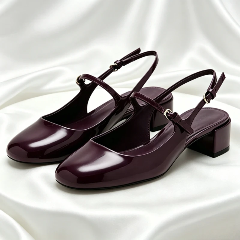 

Burgundy Patent Leather Slingback Mary Jane Shoes Women Round Toe Buckle Strap Thick Heeled Women's Pumps Elegant Lolita Shoes