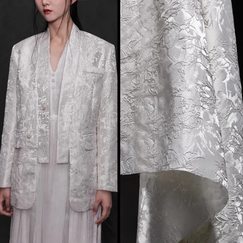 

White Linear Plant Jacquard Fabric Creative Texture Embroidery Jacket Suit Skirt Clothing Designer Fabric