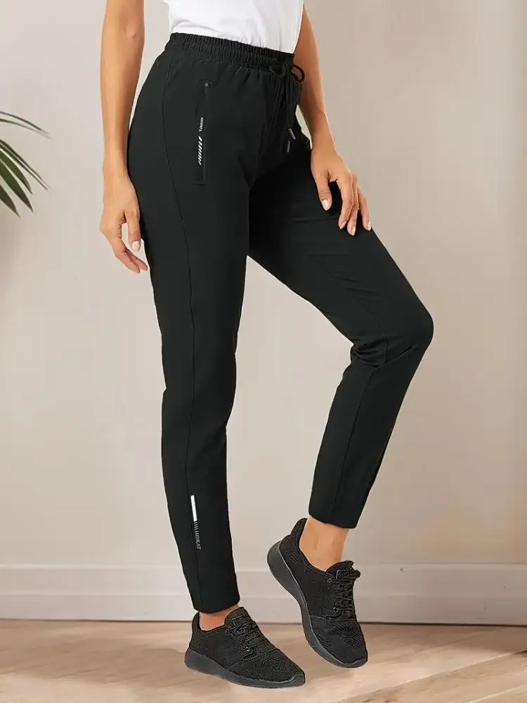 

Women's High-Elasticity Ice Sliky Fiber Casual Pants Quick-Dry with Zipper Pockets Adjustable Drawstring Waist Lightweight