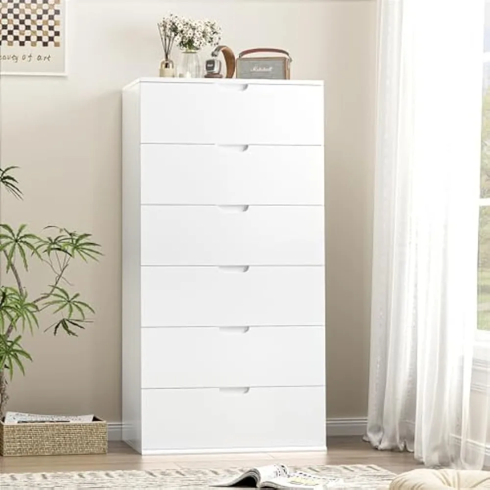 

White Dresser, Tall White Dresser with 6 Drawers, Modern Wood Chest of Drawers 6 Drawer Dresser