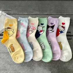 산리오 애니메이션 양말, 헬로 키티, 쿠로미, 멜로디, 포차코, 긴 튜브, 하라주쿠, 따뜻한 캐주얼 면 양말, 소녀 선물, 6 켤레