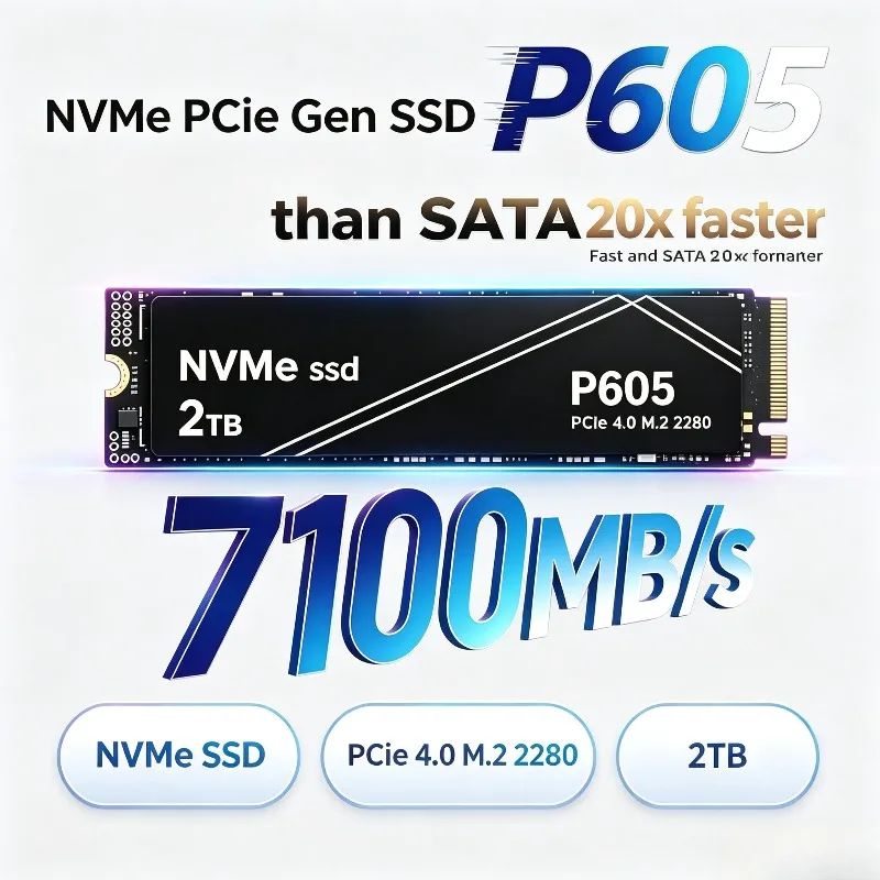 New P605 1TB 2TB 4TB PCIe NVMe Gen SSD with 7100MB/s Read, Solid State Drive for Gaming Desktops, Laptops and PS5 Systems.