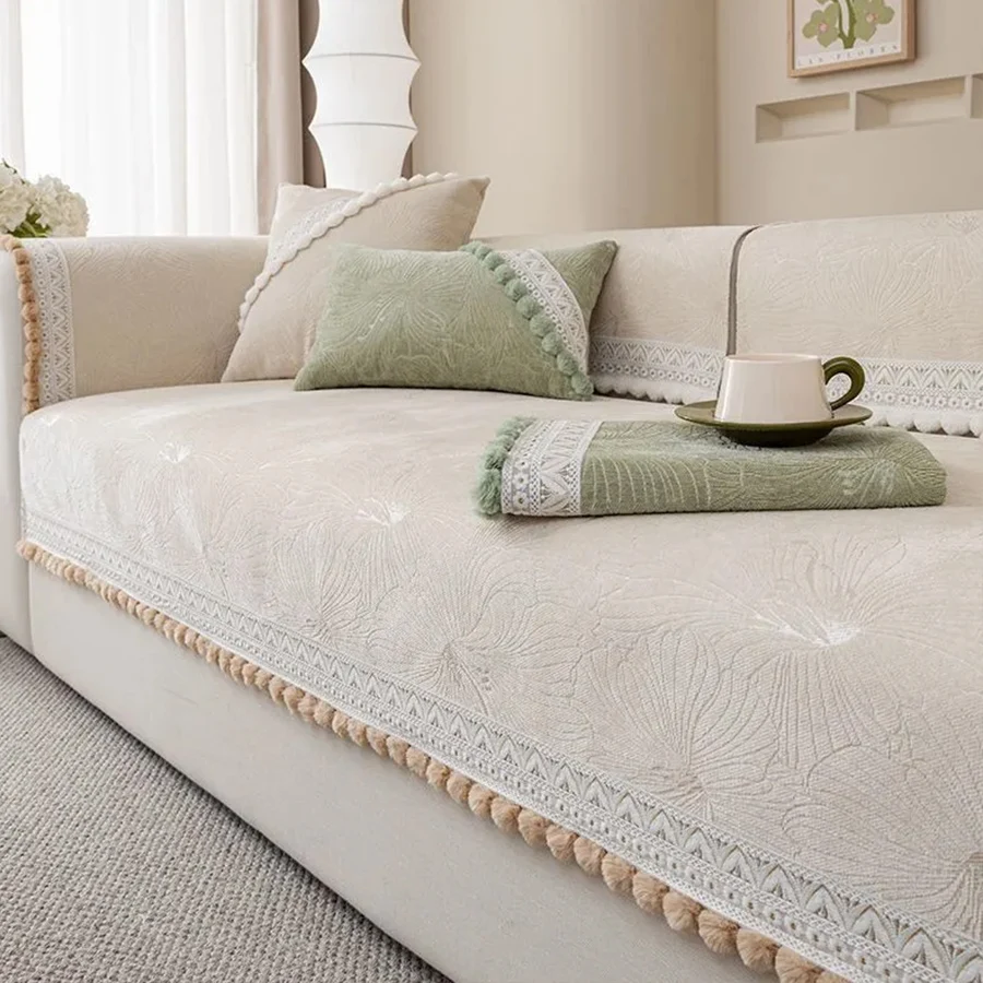 Tassel Pom-pom Sofa Cover Cream Style Jacquard Straight Sofa Throw Blanket Machine Washable Four Seasons Universal Home Decor