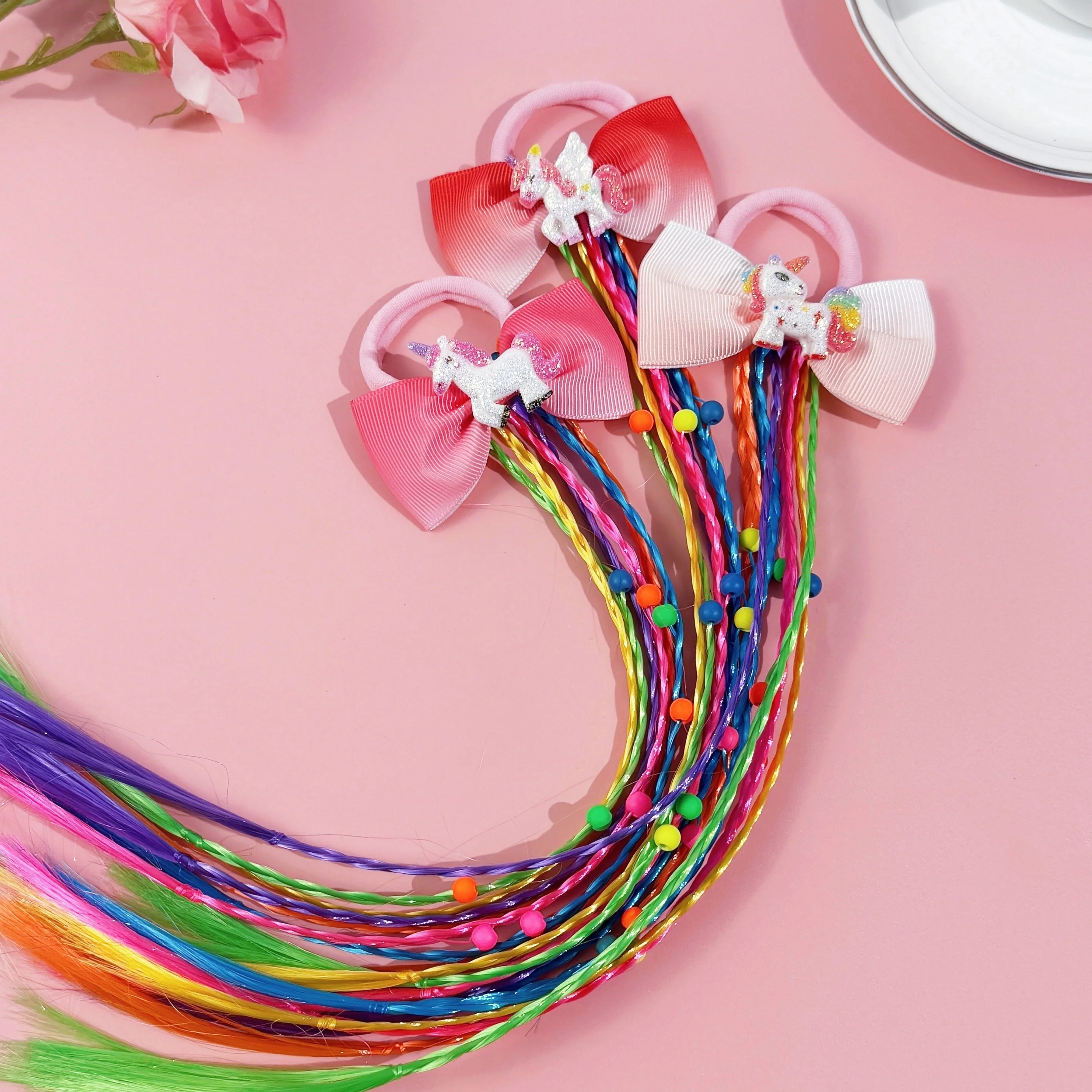 

Набор из 3 радужных нейлоновых повязок для волос: ободки, банты-единороги, повязки-косички, повязки-косы, повязки для хвоста, детские аксессуары для волос принцесс