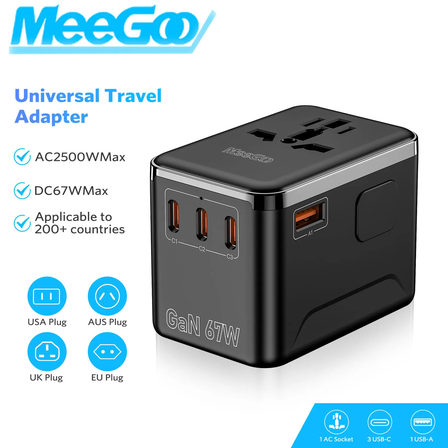 

MeeGoo GaN Travel Adapter 67W Universal International Fast Charging USB+Type C Plug Portable Charger with EU AU US UK Plug new