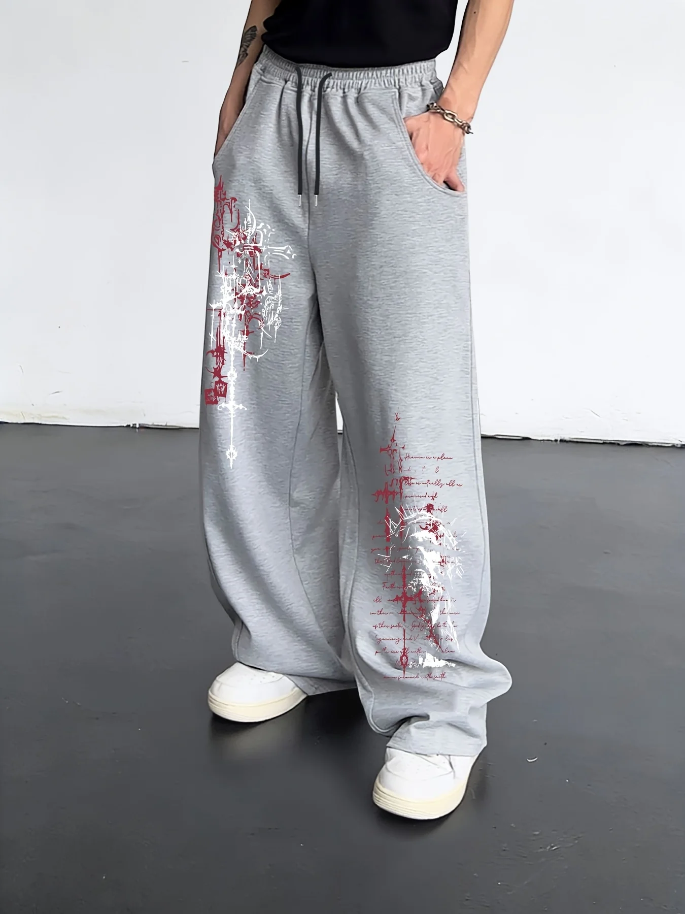 Gothic Dark Cross Sword Graffiti Gerade Jogginghose Unisex für Männer und Frauen Hip-Hop Streetwear Lose Lässige Sporthose – Detail 5