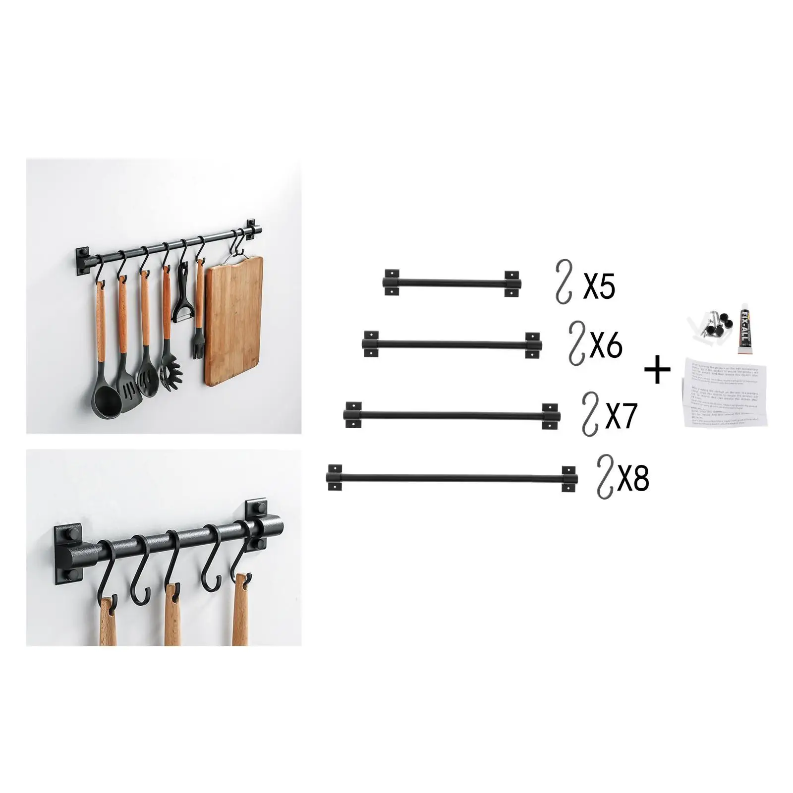 Kitchen Rail Rack with 1Hooks, Utensil Rack Wall Mounted, ing Utensil Holder for Utensils Set and Cookware Black