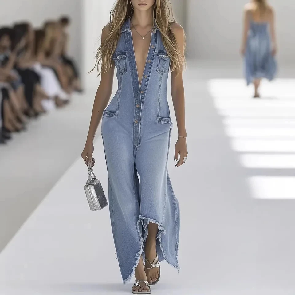 

Women Sleeveless Patchwork Jumpsuits 2026 Loose Casual Single-Breasted Turn-Down Collar Chic Playsuits Commuting Daily Rompers