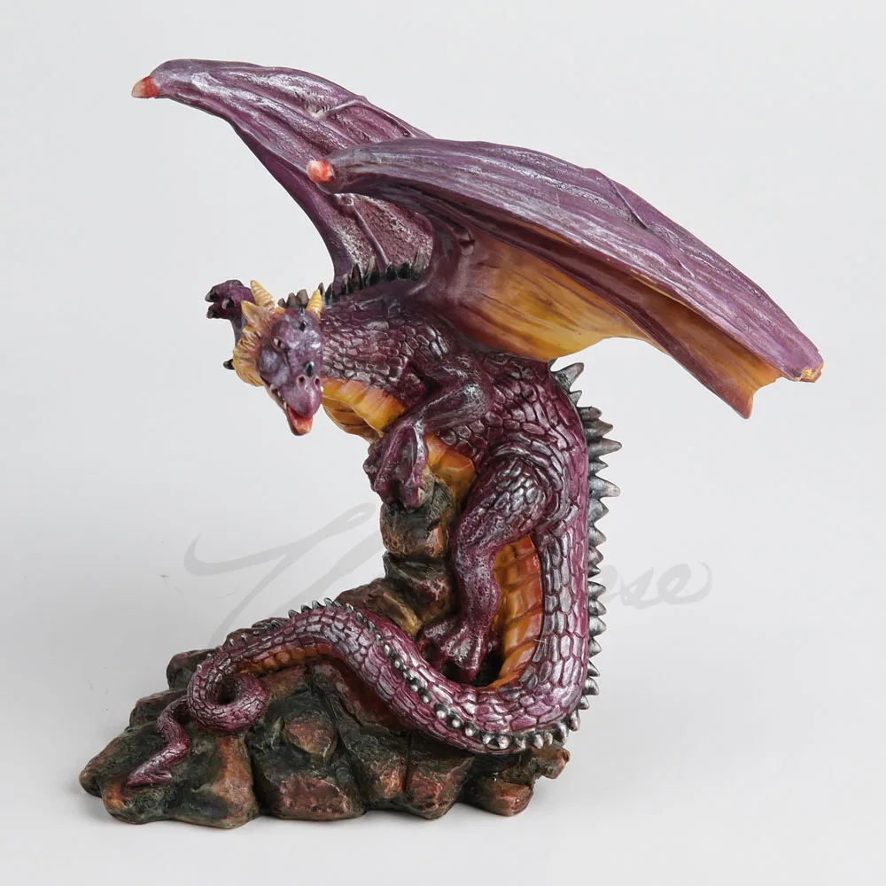 Fantasy Purple Winged Dragon Statue Resin Western Dragon Figurine Perched On Rock Base Mythical Creature Sculpture Desktop decor