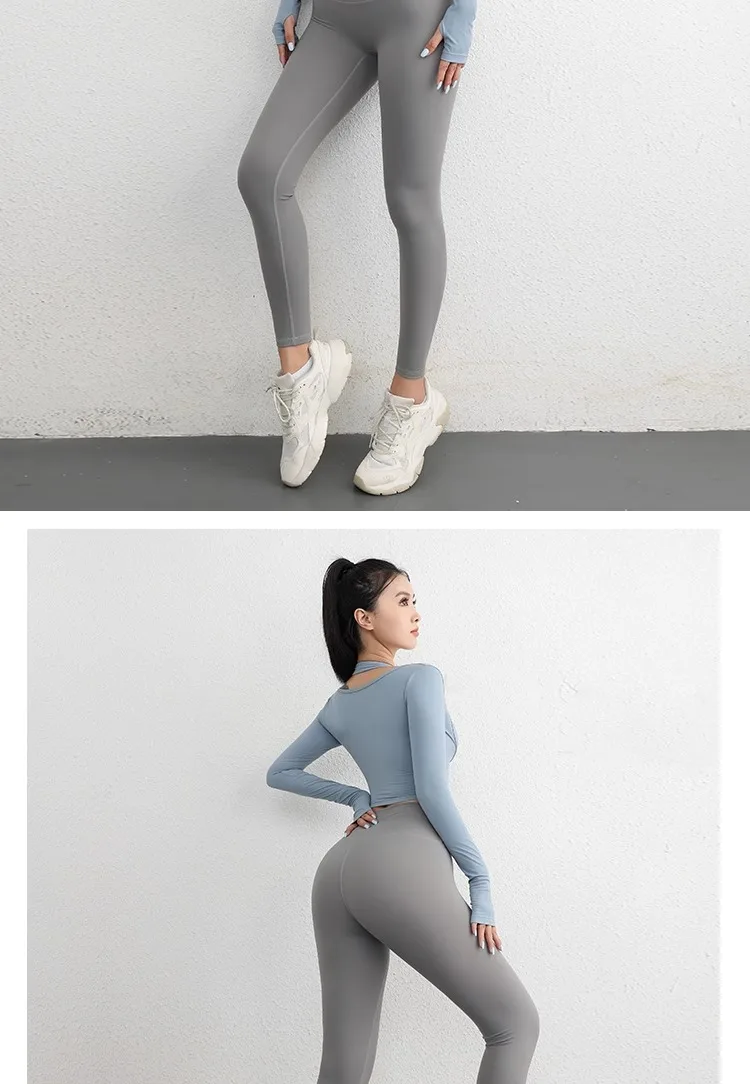 Herbst Sport Damen Oberteile Modische Langarm-Trainings-Tops mit Daumenlöchern Fitness Crop Yoga-Top – Detail 23
