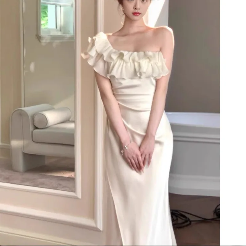 

2025 New Streetwear Elegant Fish-Tail Gown Pure Desire Satin Evening Dress French Shoulder Style Long Ankle-Length Women Dresses