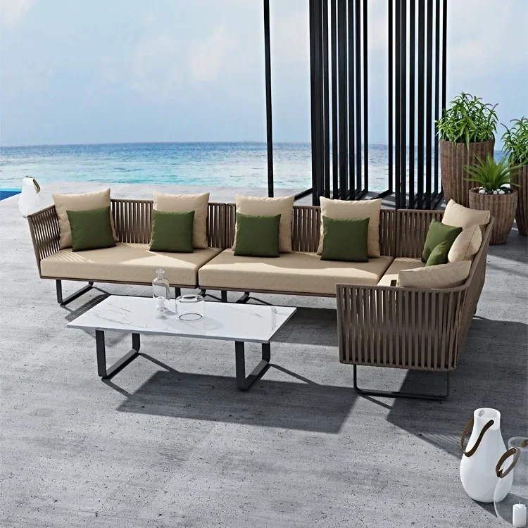 Outdoor Sofa Waterproof Outdoor Restaurant Card Seat Rattan Sofa Patio Terrace Casual Double Rattan Sofa Chair