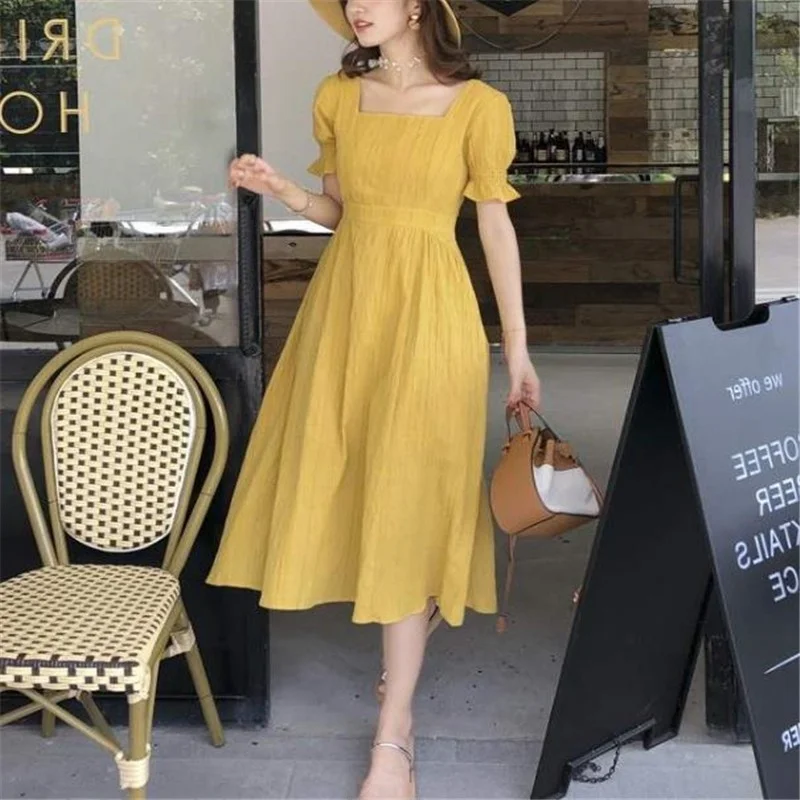 Vestido Doce de Fada Amarelo Claro Romântico com Cintura Ajustada Estilo Floresta Vestido de Verão Nova Chegada Roupas Fenas