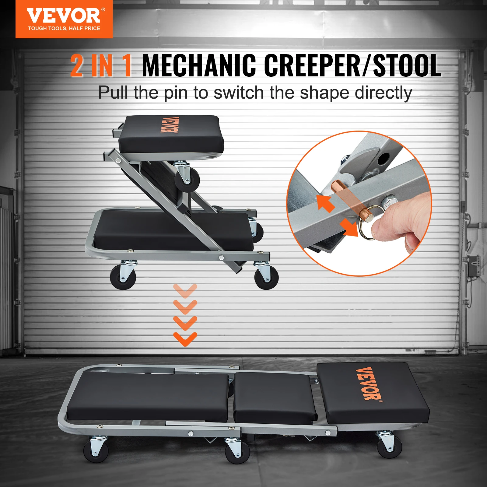 VEVOR 2 in 1 Rolling Folding Car Creeper/Stool 300 lbs Capacity Mechanic Creeper for Garage Shop Auto Repair Lay Down or Sit