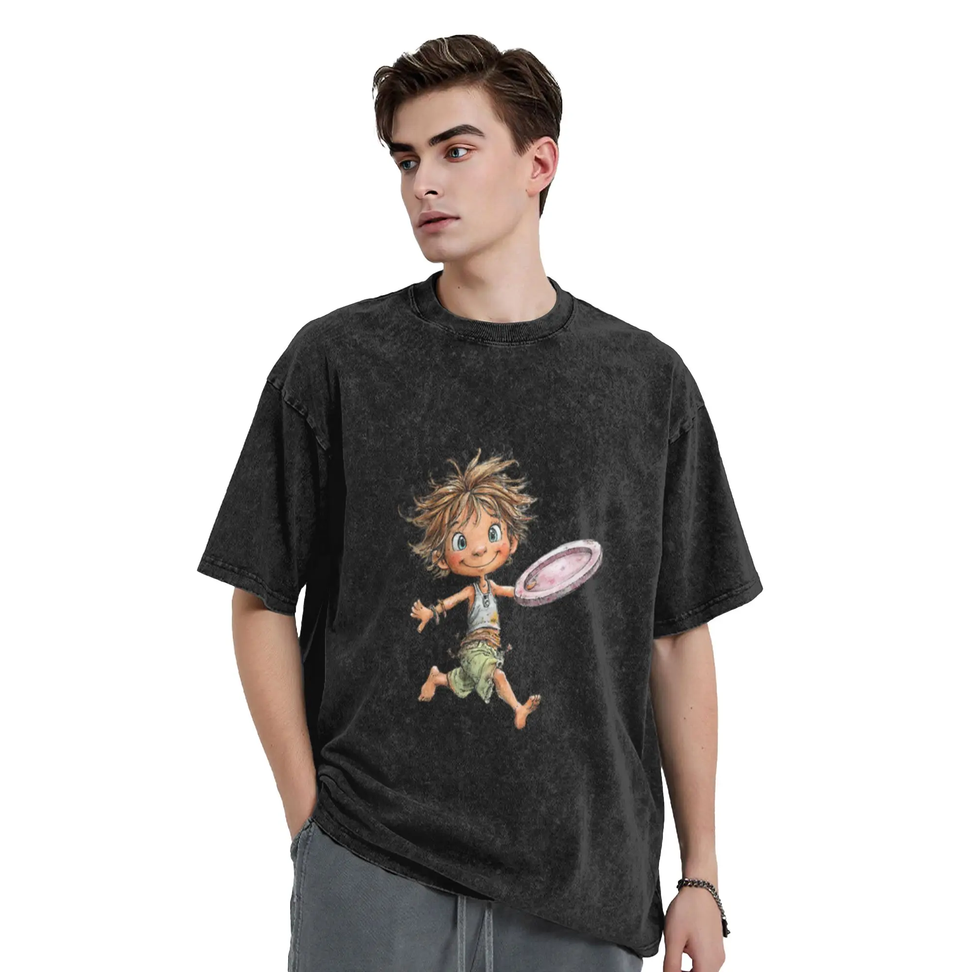 Cute freesby boy at the beach - whimsical design Classic Stylish A Washed T Shirt Men's Women's Oversized Cotton Tees Tops