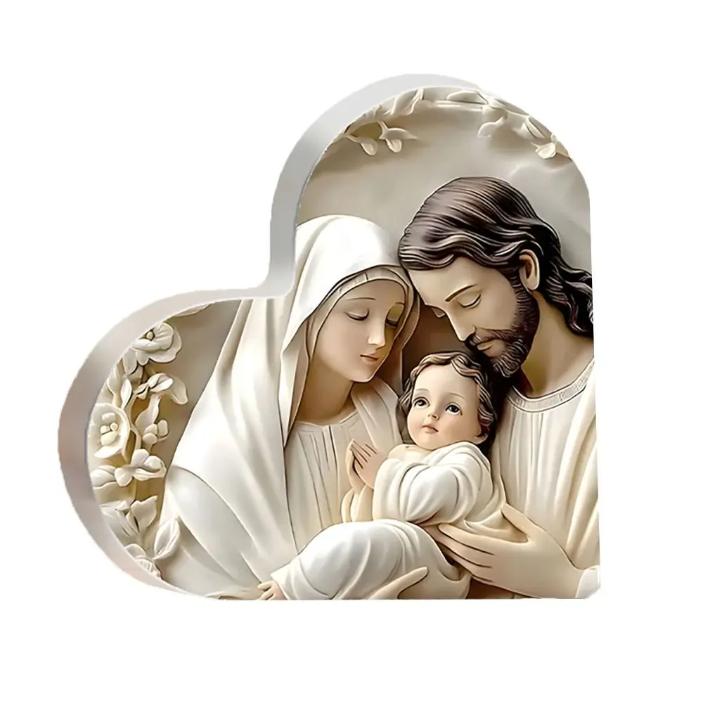 Creative Heart-shaped Baptism Theme Ornaments Craft Acrylic Nativity Scene Ornament Art Family Christening Decoration Gifts