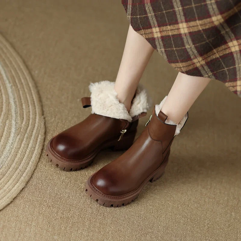 Stivali invernali da donna stivali tondi con punta grossa per donna scarpe in pelle spaccata da donna stivali con tacco spesso stivali caldi in lana