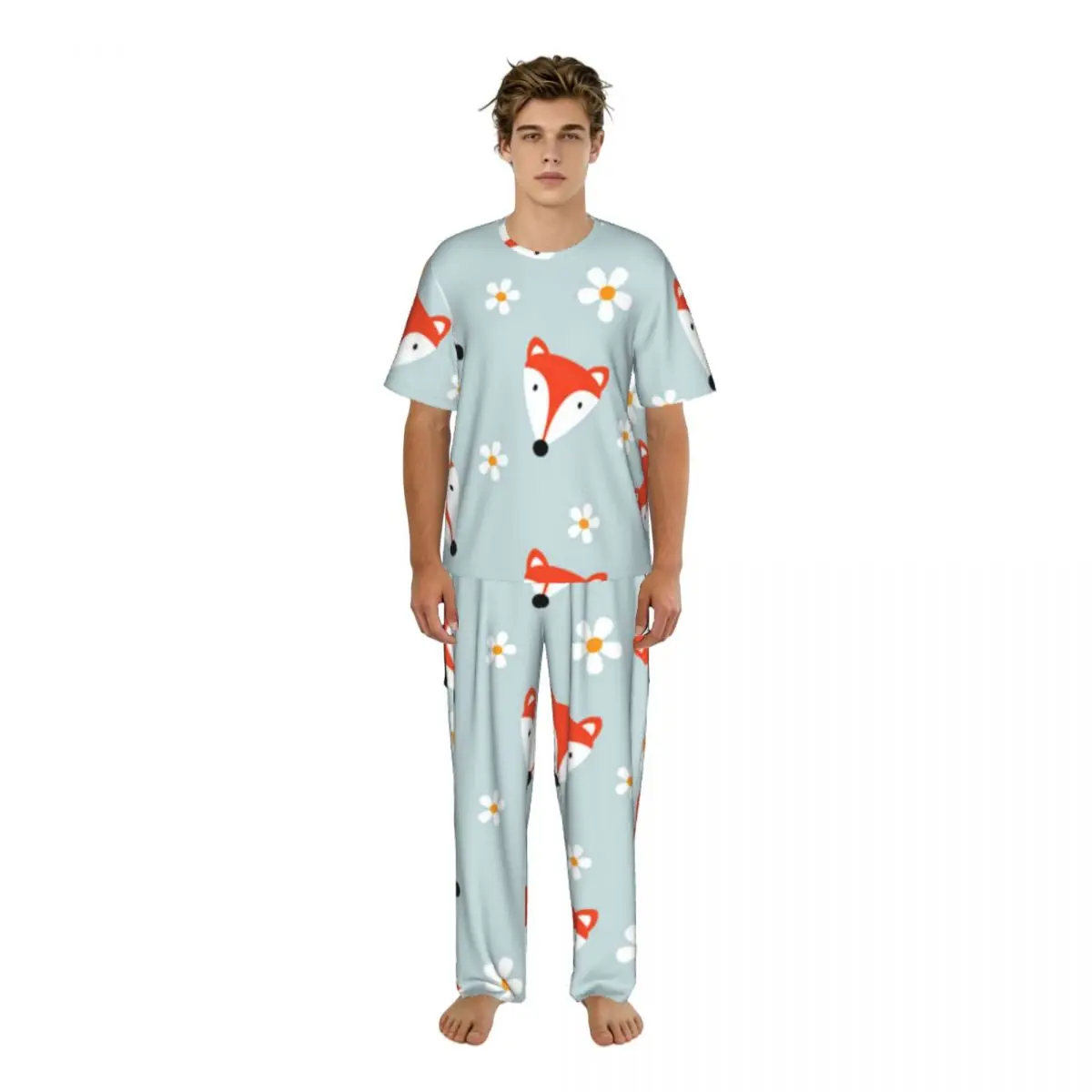 

Sleepwear Summer Spring Home Clothes Fox And Flower Short Sleeve Long Pant Nightwear
