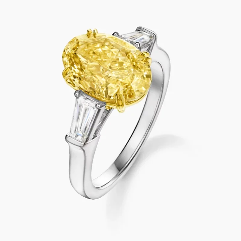 2CT Main Stone Oval Cut IGI Lab Grown Yellow Diamond VS Ring 14K Yellow Gold Basket & Platinum 950 Band Diamond Ring For Women