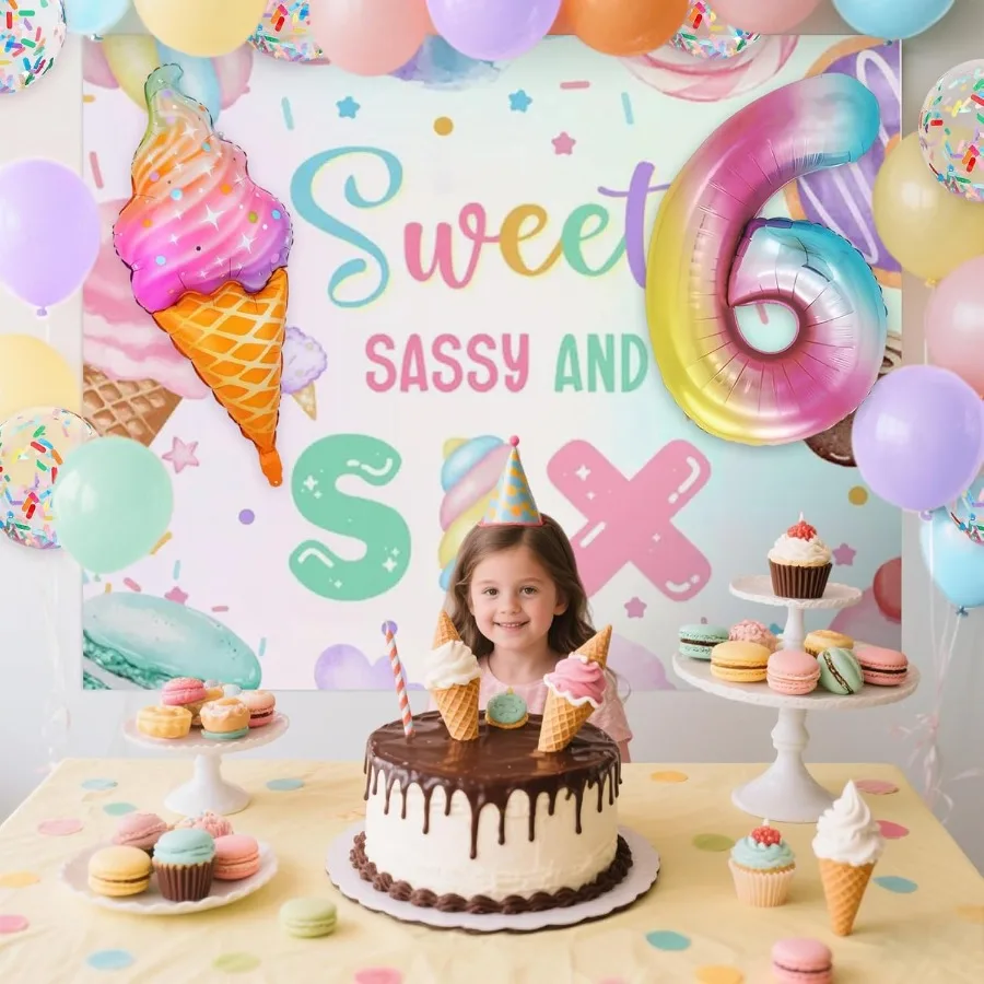 Zoete Sassy en zes verjaardagsdecoraties voor 6-jarig meisje Verjaardagsfeestje Decor Ijs Donut Achtergrond Ballonnen Macaron Bab