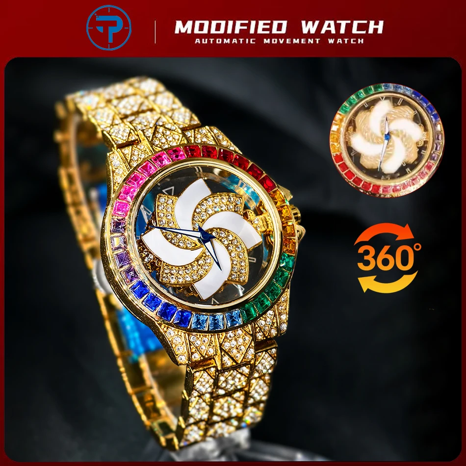 Original Luxury Green Ice Crystal Men Watch Stylish Rotating Dial Stainless Steel Quartz Watch Hip-Hop Rainbow Diamond Men Watch