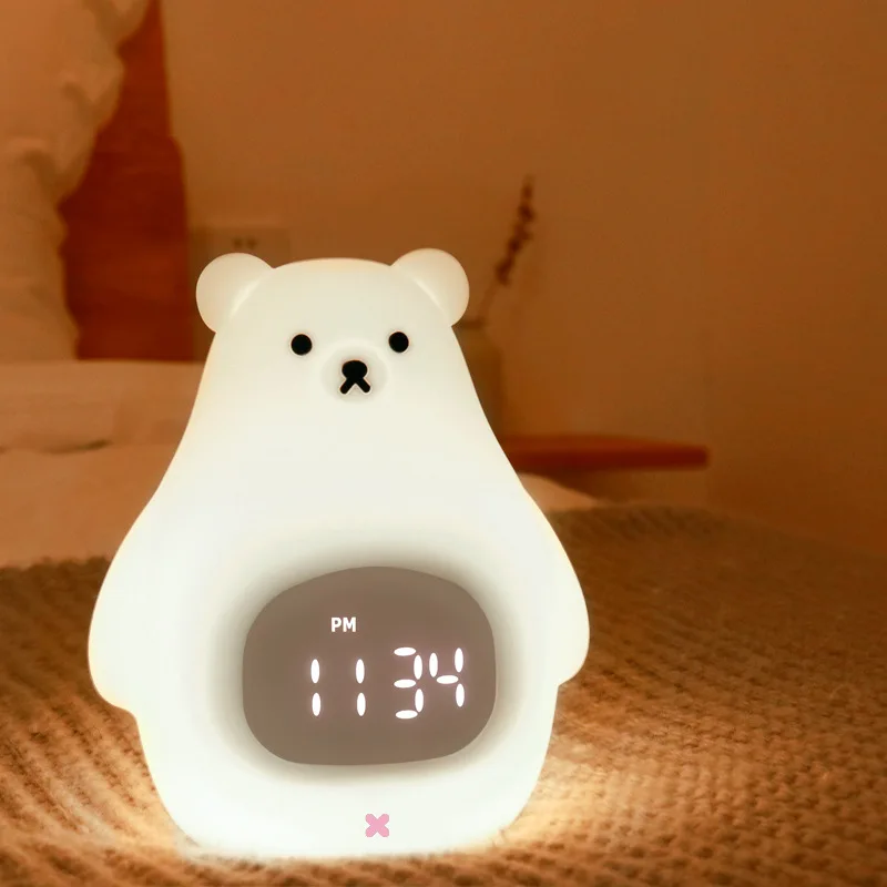 Smart Alarm Clock Usb Rechargeable White Bear Silicon Touch Control Led Night Light Soft Silicone For Bedroom Bedside Table