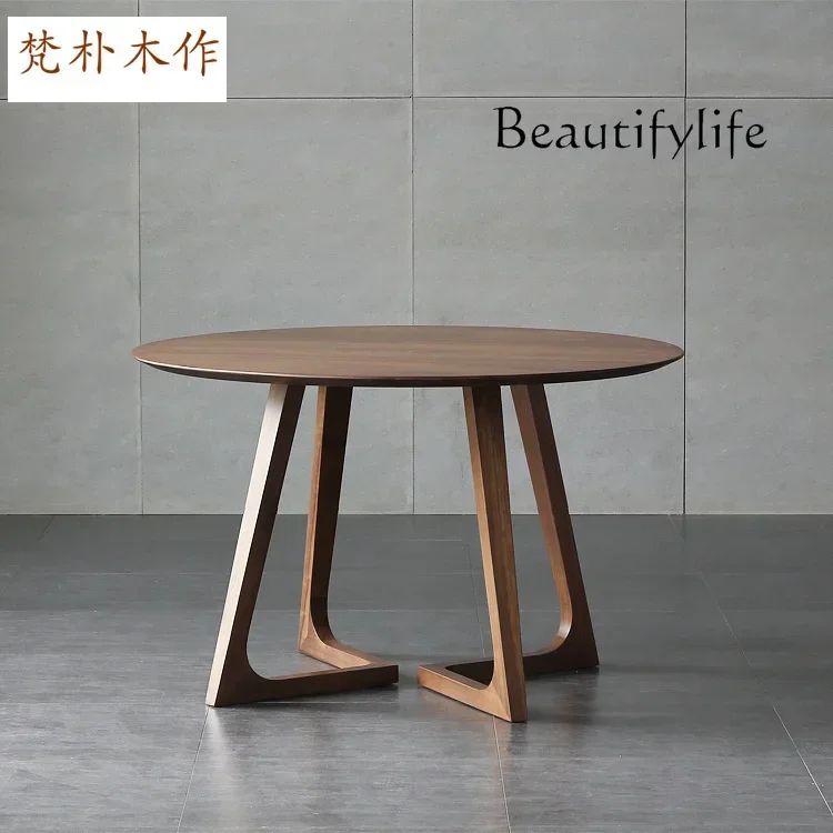 

black walnut round dining table and chairs rice pure log dining table Nordic All solid wood round dining table North American