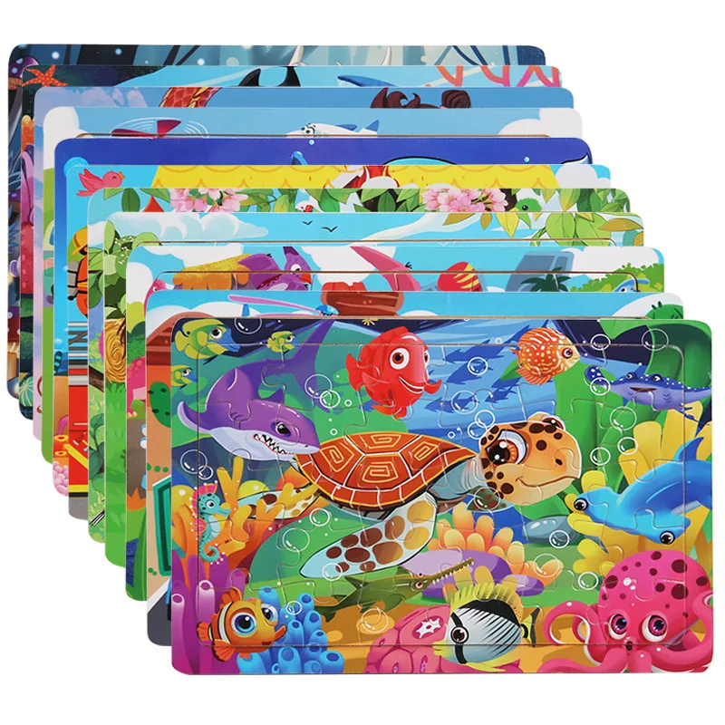

30 Pieces Wooden Jigsaw Puzzle Kids Cartoon Animals Traffic Sea World Fairy Intelligence Jigsaw Puzzle For Children Gift