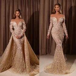 Chic Champagne Wedding Dresses Off Shoulder Lace 3D Appliques Bridal Gowns Custom Made Illusion Vestido de novia