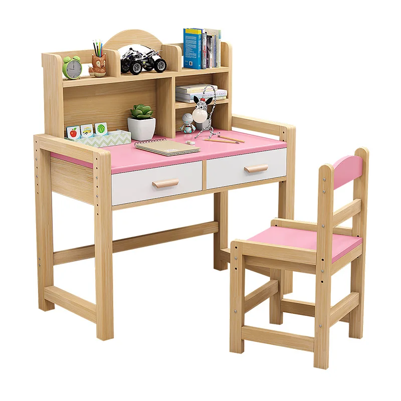 Children's Solid Wood Study Table and Chair Set Writing Desk Home Combination Simple Table Chair Adjustable Baby Work Table