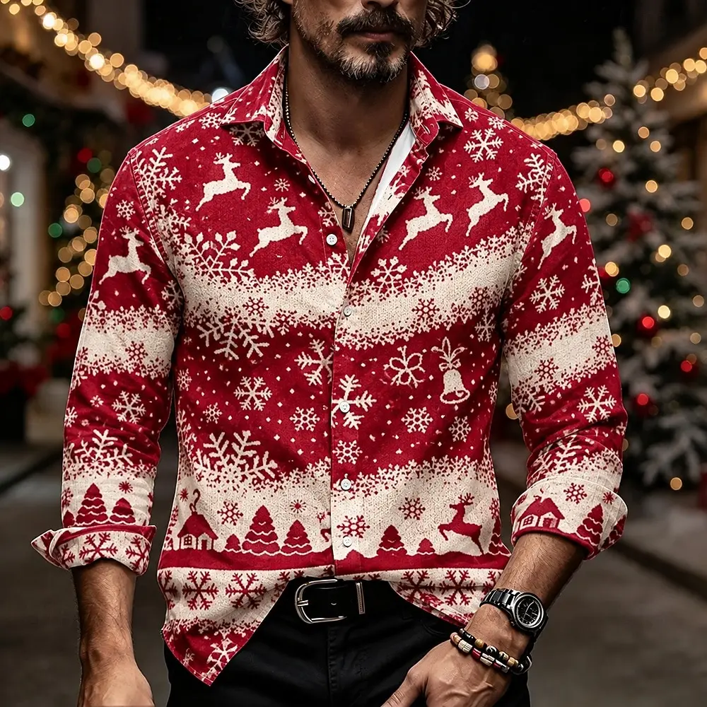 Reindeer Snowflake Knit Pattern Print Shirt Christmas Xmas Party 3D All Over Print Men Long Sleeve Shirt