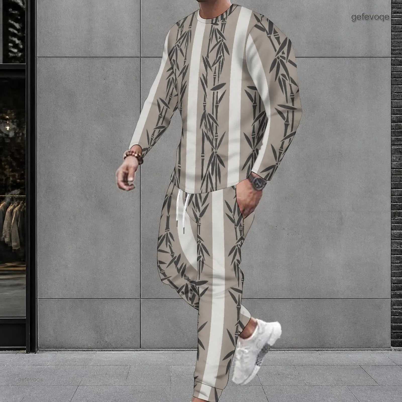 Men Bamboo Printed Vertical Stripe Long Sleeve Round Neck Top and Cuffed Pants Two Piece Set