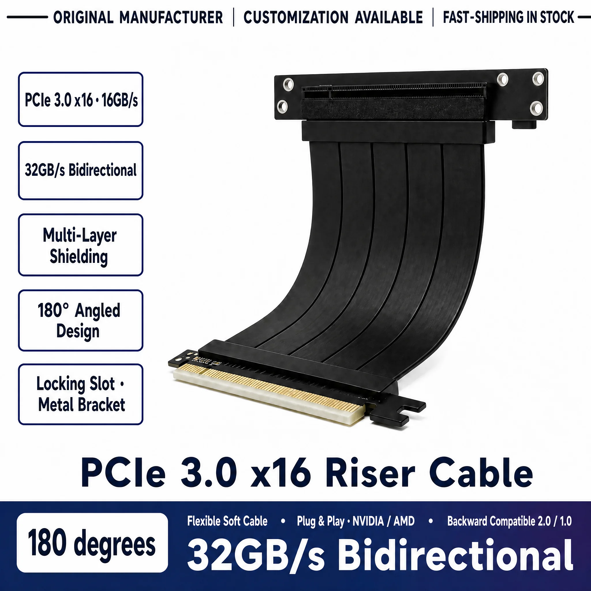 PCIe 3.0 X16 Riser Cable 180 Degree, Shielded Flexible GPU Video Card Extension Cable, Lossless PCI Express 3.0 16X