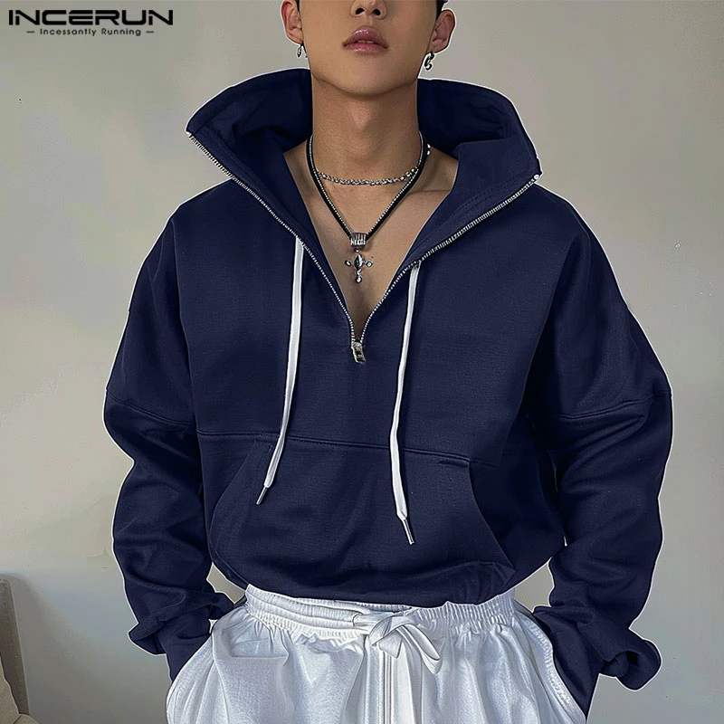 

INCERUN Men Pullovers Lapel Collar Zipper Up Solid Color Long Sleeve Tops Big Pocket Streetwear Drawstring Hoodies Sweatshirts