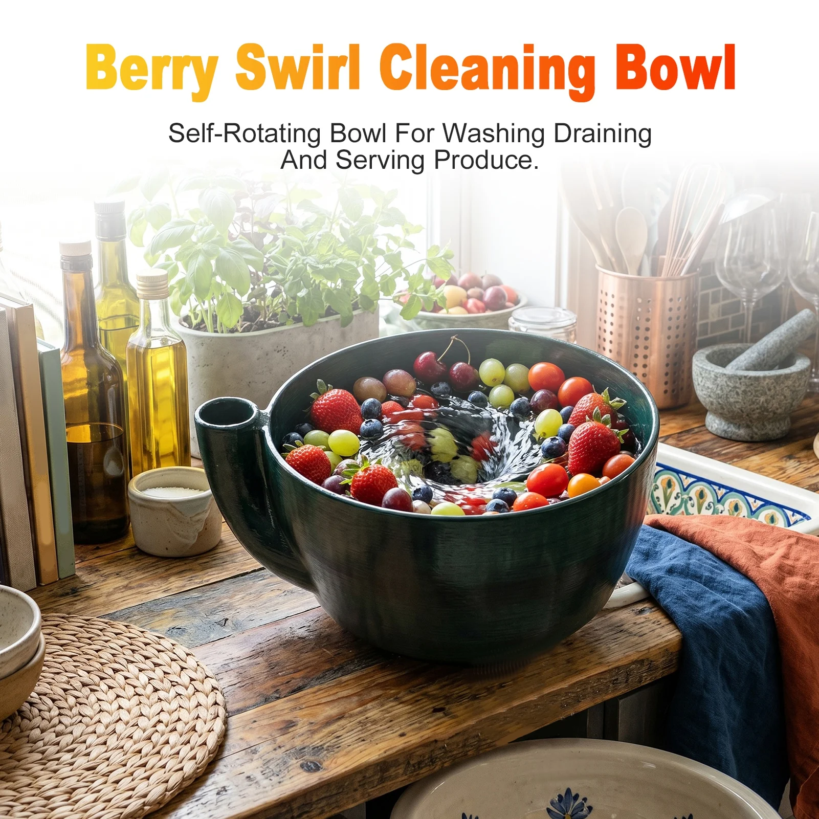 Berry Washing Bowl Self Rotating Fruit Vegetable Washing Colander with Built in Drain Base 360 Degree  Cleaning for Strawberries