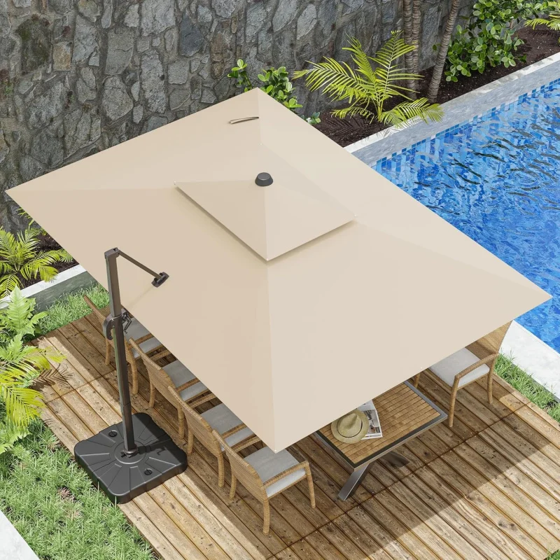 

Beige 10x13FT Offset Cantilever, Double Top Rectangular Patio Shade with 360° Rotation Outdoor Garden Pool Deck