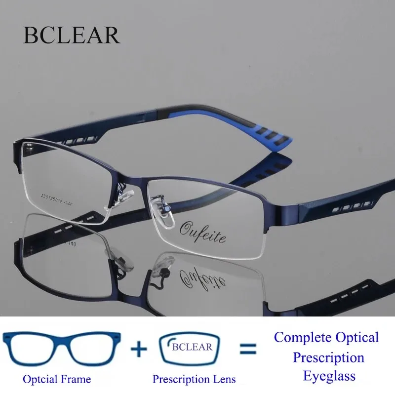 

BCLEAR Men's Myopia Prescription Glasses Square Half Rim Frame Progressive Alloy Optical Eyeglasses Multifocal Eyewear Big Face