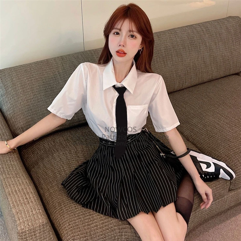 Japan Korean Student JK School Uniform Summer Cool Uniform Daily Two-piece Set Girls Black Stripped Skirt Belt Tie White Shirt