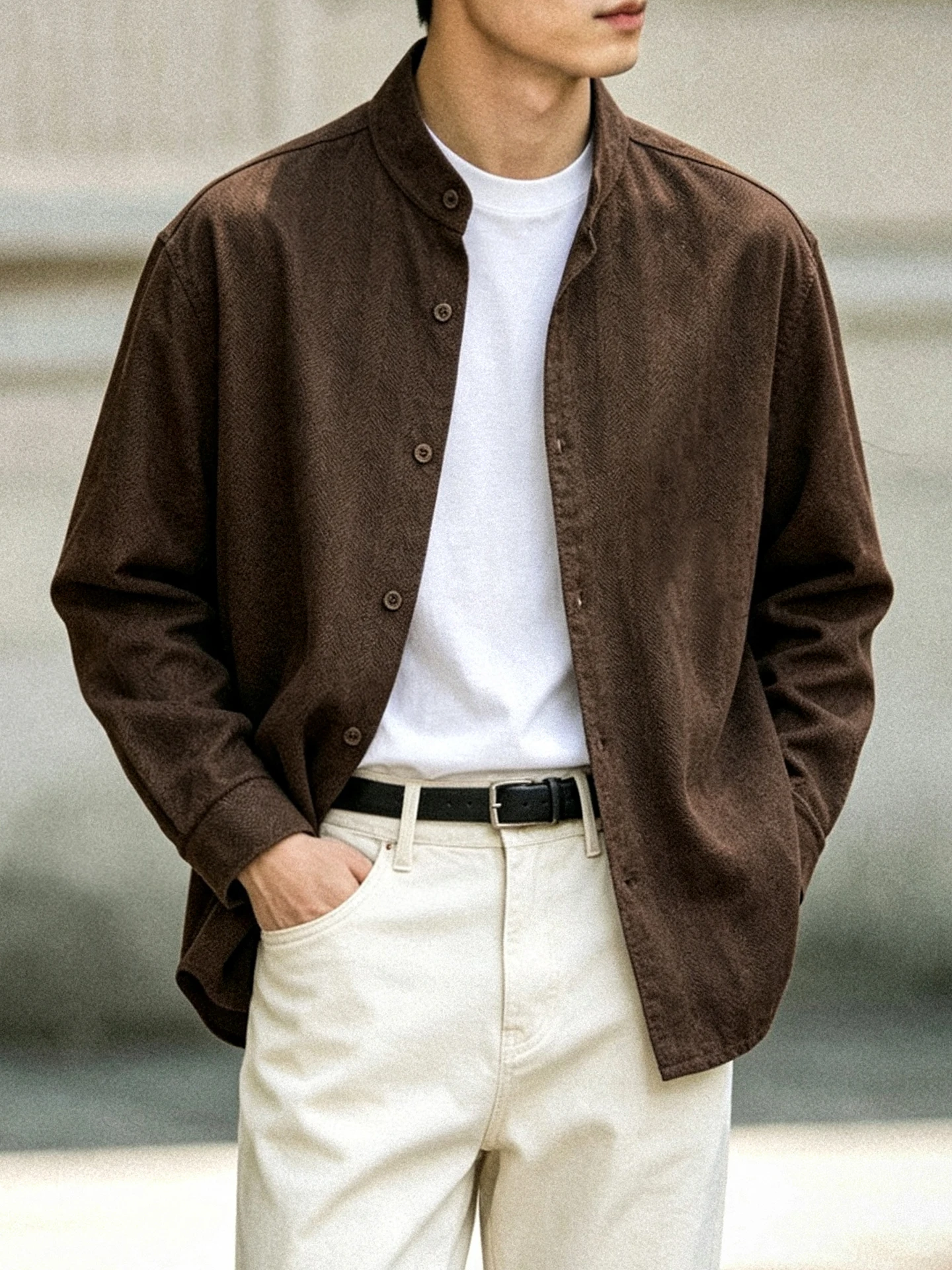 Loose Fit Casual Style Long Sleeve Shirt Men's Vintage Chinese round Neck Anti-Wrinkle Commute Outdoor Casual Outerwear
