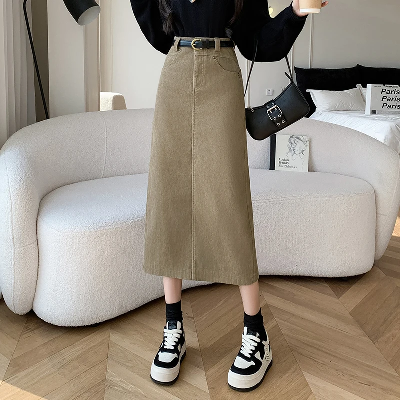 

Corduroy Skirts Women 2023 New Autumn Winter Fashion High Waist Straight Skirt Ladies Retro Casual Mid-length Skirts