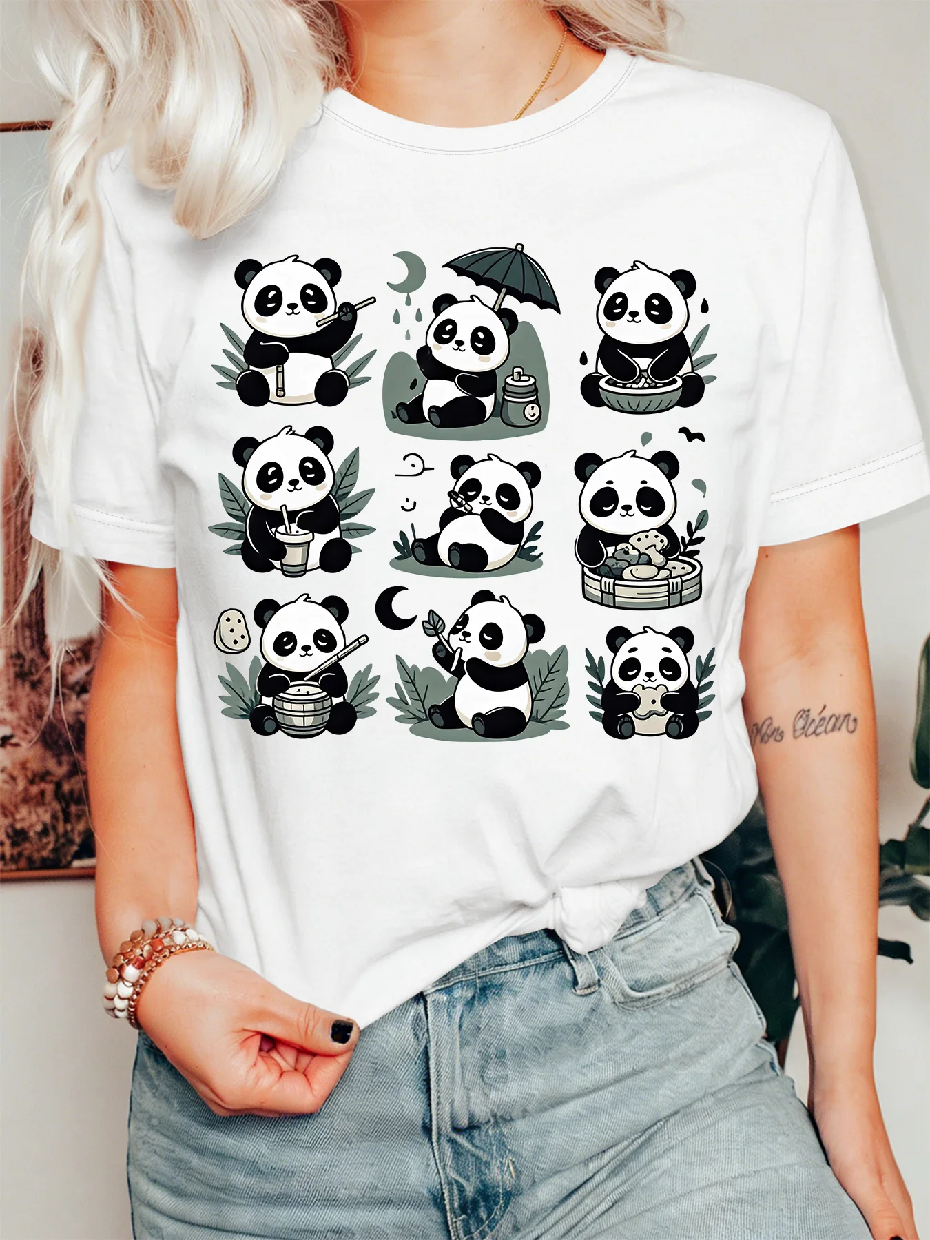 Animal Lover O Neck Womens T Shirt Adorable Panda Collage Multiple Funny Poses Bamboo Leaf Graphic Short Sleeve Casual Tops