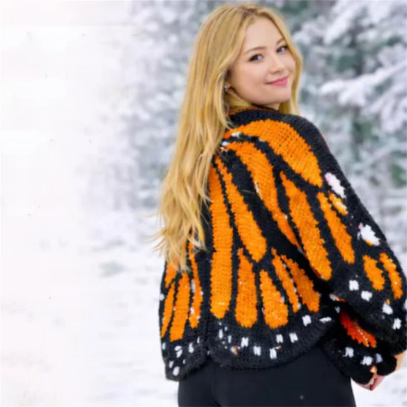 

Whimsical Garden Companion Handcrafted Blush Pink & Black Monarch Butterfly Wing Knit Shrug – Your Enchanting Fairy-Tale Layer