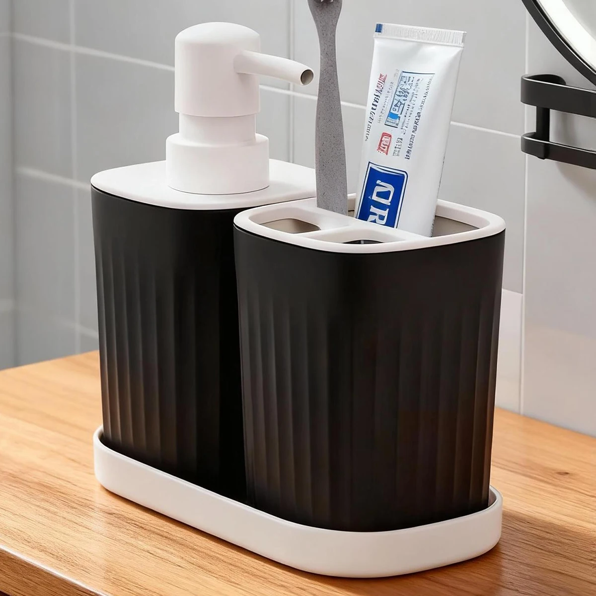 1set Black Bathroom Accessory Toiletries Soap Dispenser, Toothbrush Holder and Tray, for Functional Bath Decor