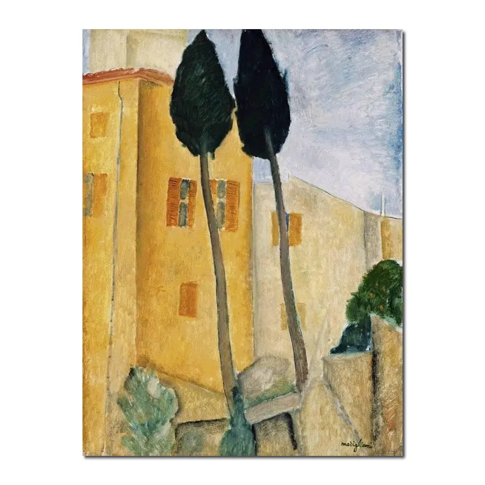 

Abstract Landscape Canvas Art Cypress Trees House Amedeo Modigliani Painting Handmade Modern Artwork Bathroom Hallway Wall Decor